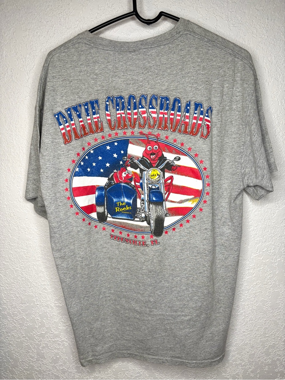 Vintage Y2K Hanes Gray Dixie Crossroads Titusville FL Biker Graphic T-Shirt Sz L